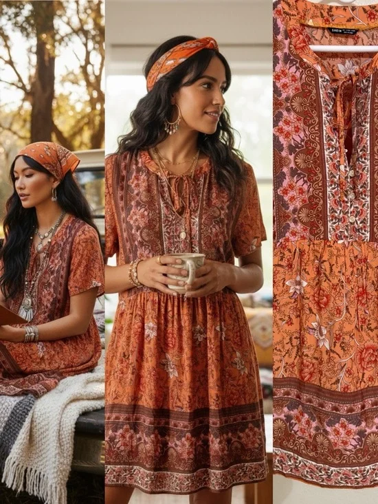 Boho Mini Dress Rust Floral Paisley Cottagecore Western Festival Summer Large - Picture 1 of 11